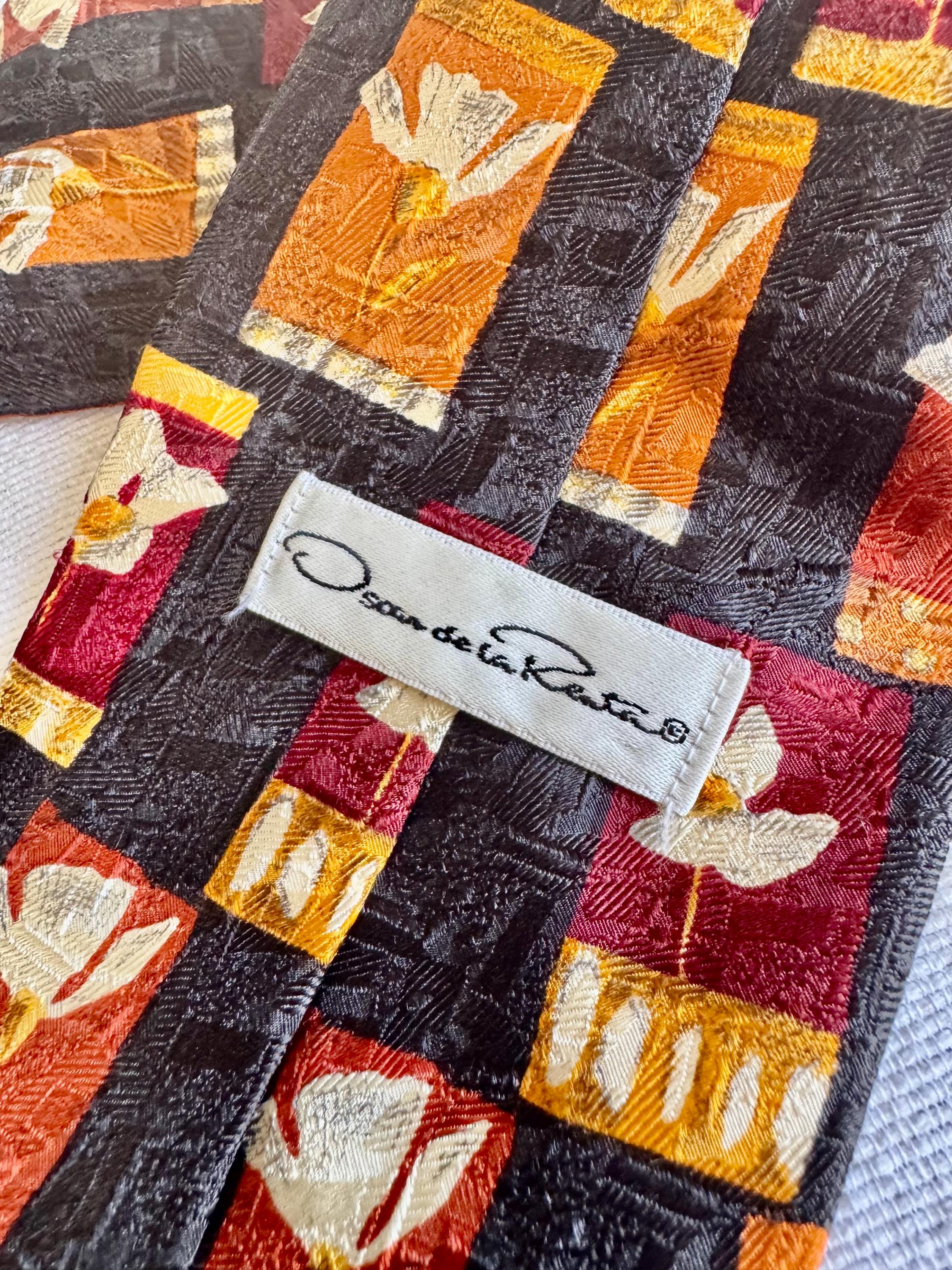 Vintage Oscar de la Renta USA Silk Tie – Floral Geometric Patchwork Designer Necktie