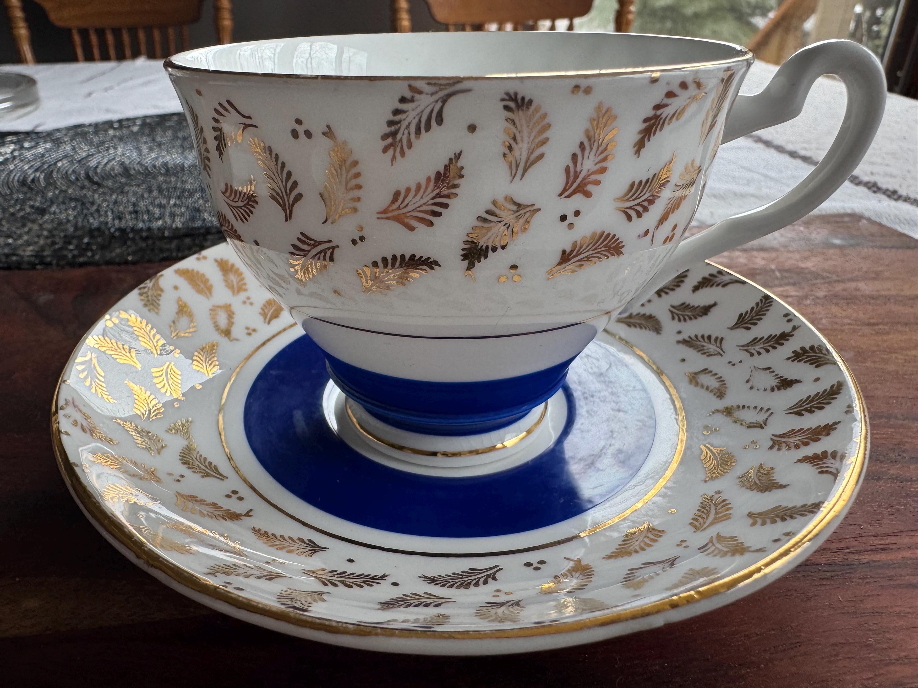 Vintage Crownford Bone China Teacup & Saucer: Cobalt Blue, Gold Laurel Leaf