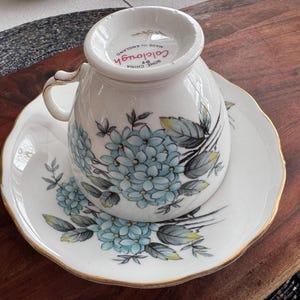 May include: A white teacup and saucer with a blue floral pattern. The teacup has the words "Bone China" and "Colclough" printed on the bottom. The saucer has a gold trim.