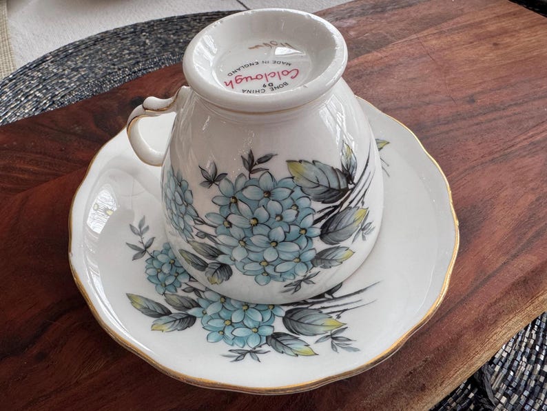 May include: A white teacup and saucer with a blue floral pattern. The teacup has the words "Bone China" and "Colclough" printed on the bottom. The saucer has a gold trim.