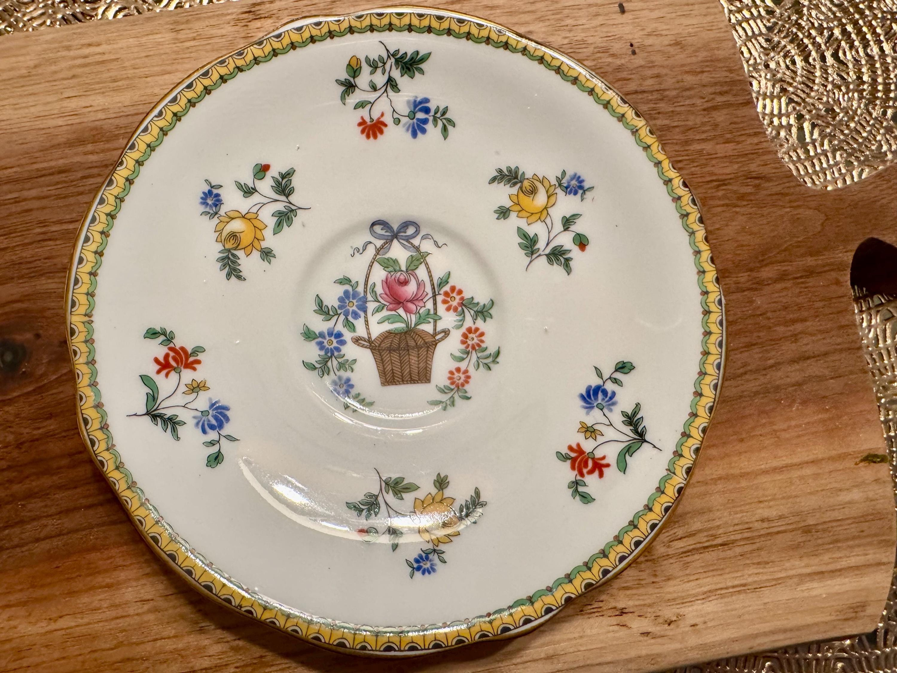 Vintage Aynsley Bone China Cup and Saucer: Basket of Flowers, Made in England (1930s-1940s)