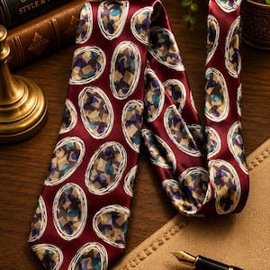 May include: A deep burgundy necktie featuring a repeating pattern of oval shapes. Each oval is outlined in white and contains a mosaic of geometric segments in shades of blue, brown, and tan. The fabric has a smooth, satin-like finish.