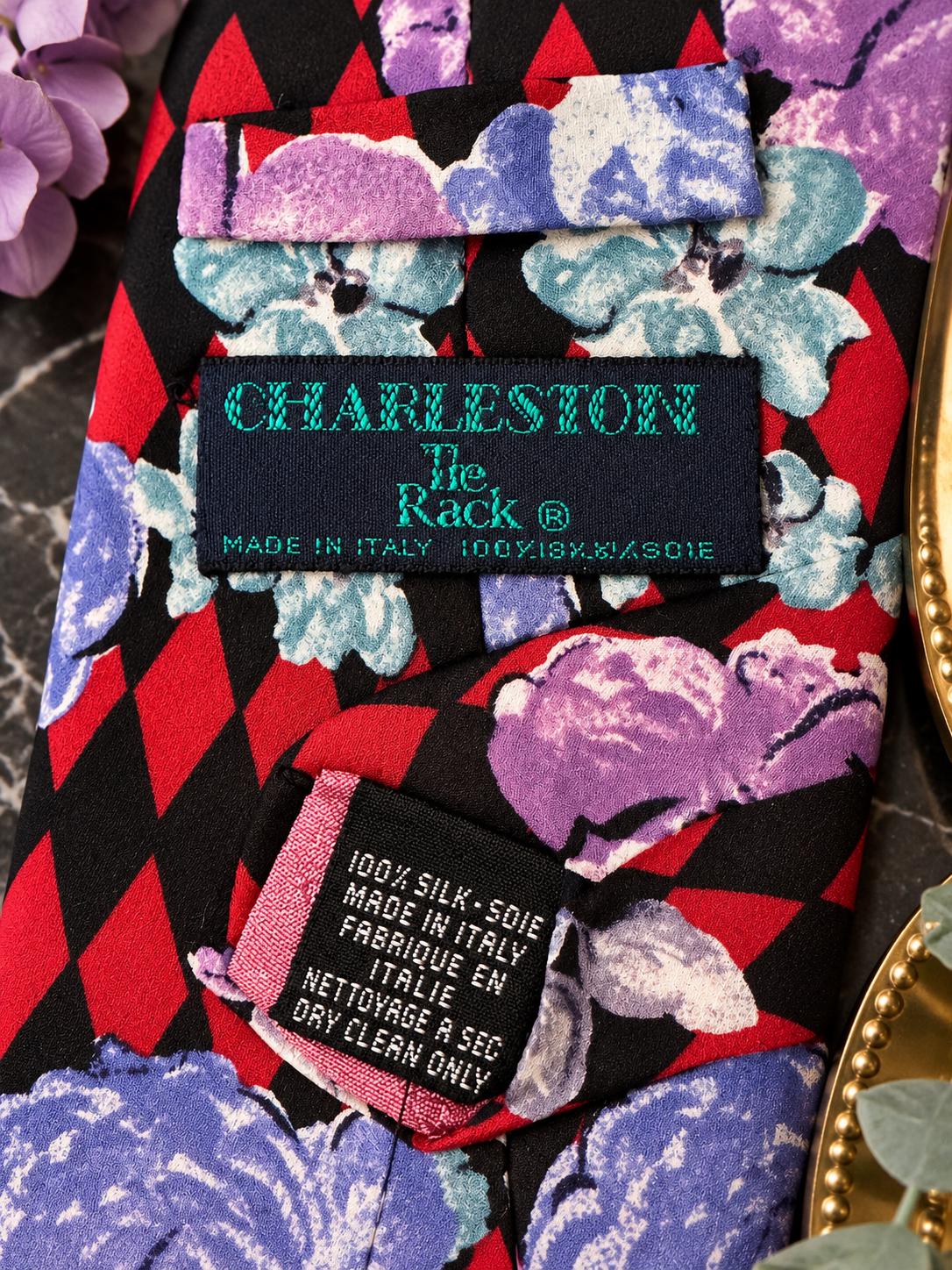 Vintage Charleston Tie Rack 100% Silk Tie, Made in Italy, Harlequin Floral Necktie, Red Black Purple Designer Tie