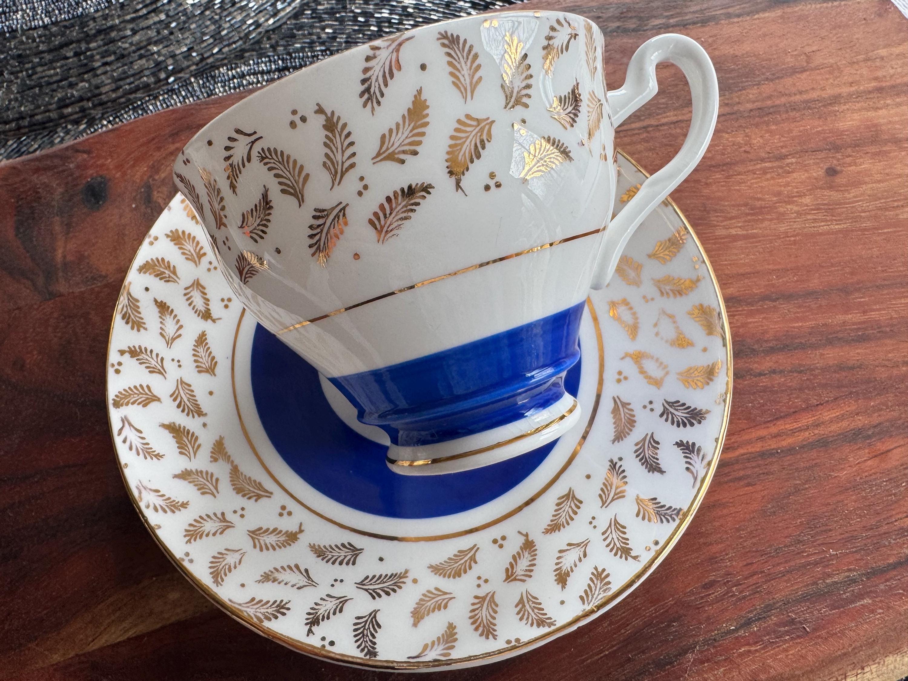 Vintage Crownford Bone China Teacup & Saucer: Cobalt Blue, Gold Laurel Leaf
