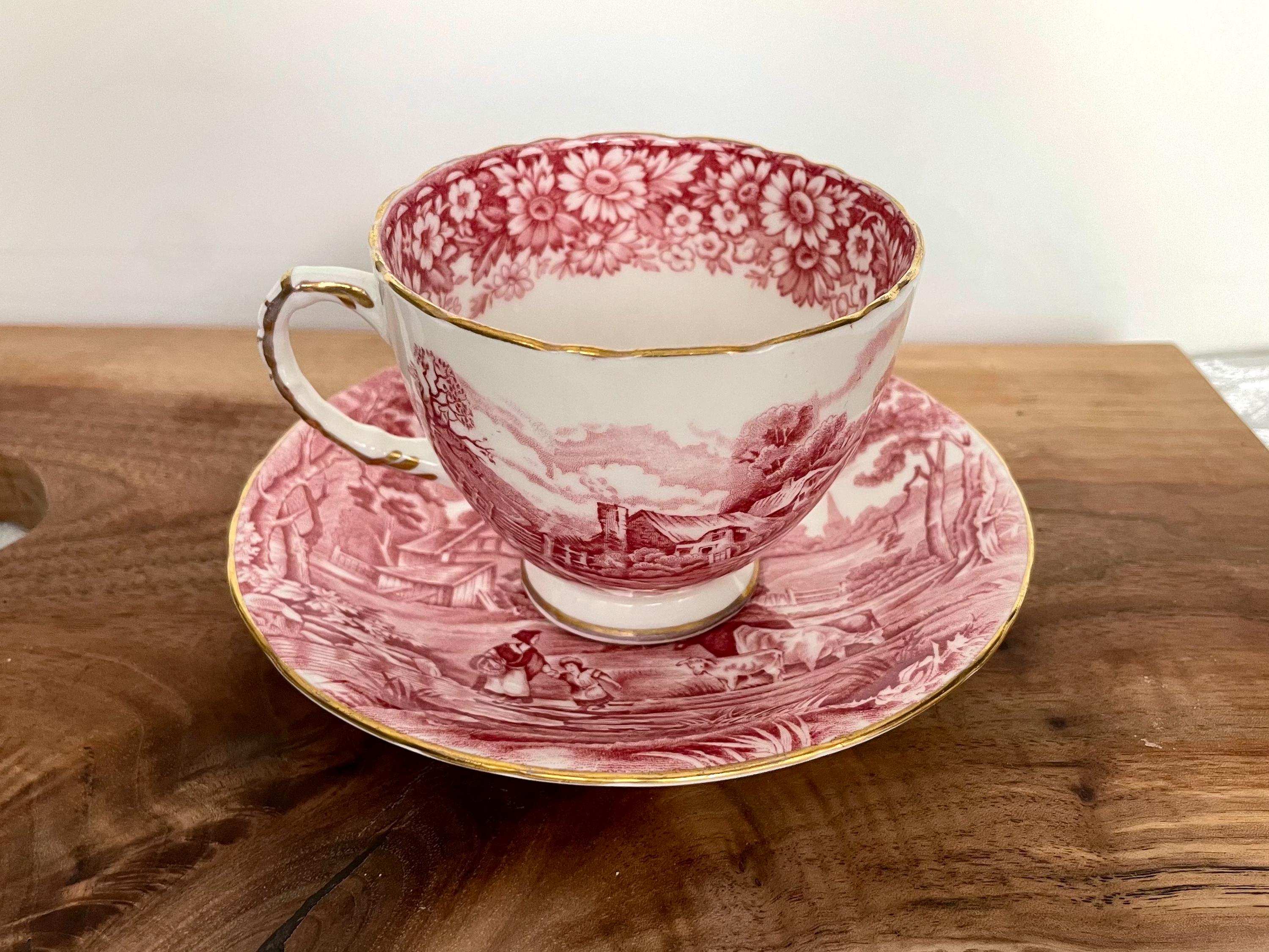 Vintage H & M Sutherland “Rural Scenes” Teacup with Saucer – Red Transferware – Made in England