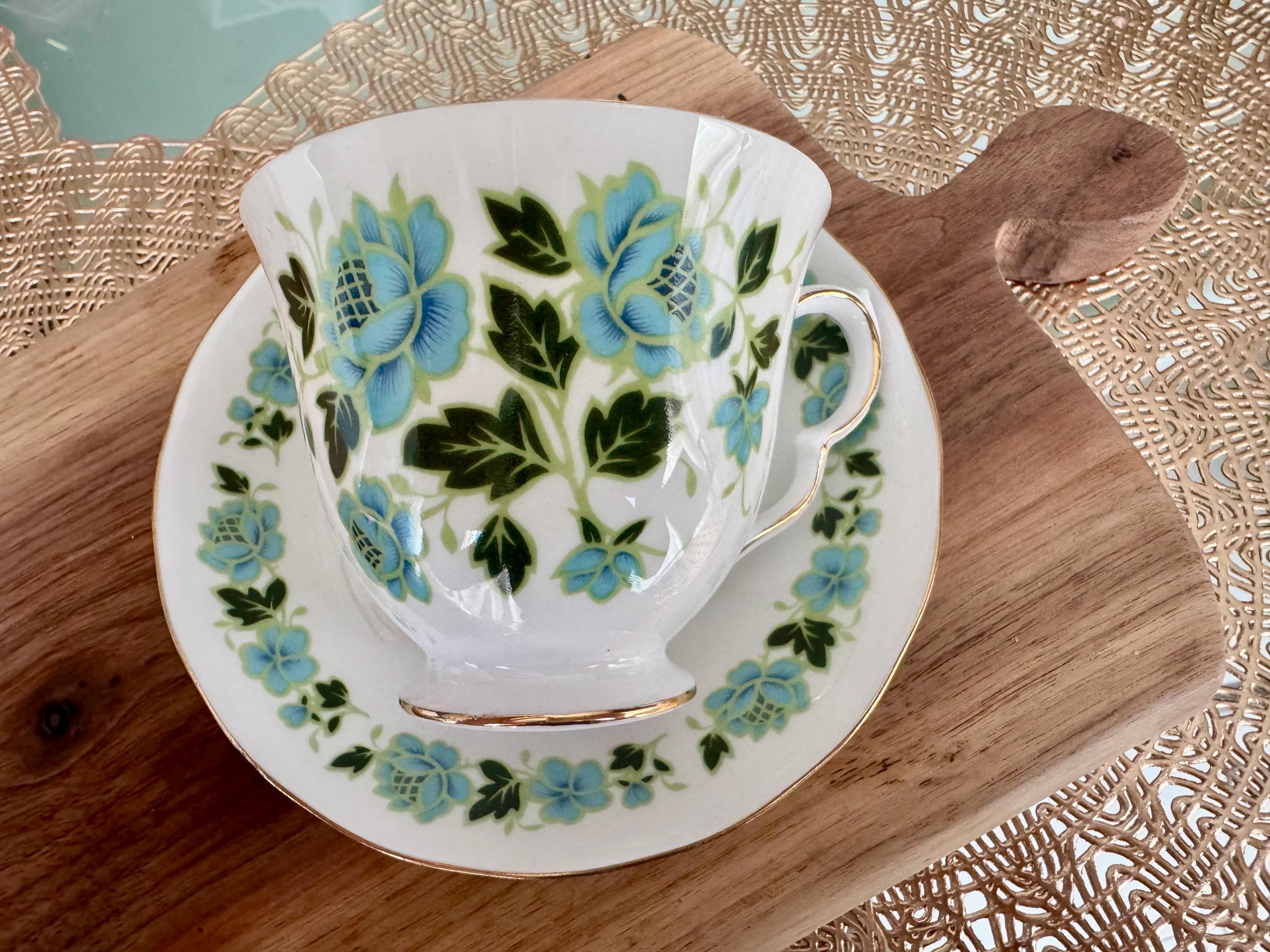 Vintage Royal Vale Bone China Teacup and Saucer: Teal Floral, Gold Trim