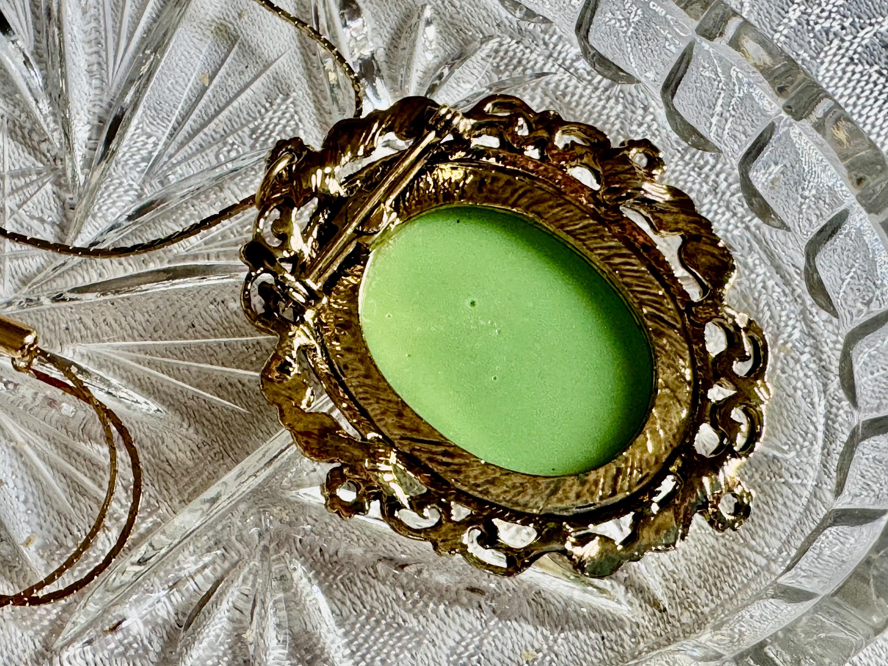 Vintage Cameo Brooch Pendant – Green Ivory Lady Profile, Ornate Gold Frame, Adjustable Necklace