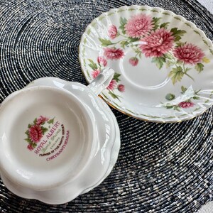 May include: White teacup and saucer set with a floral design. The teacup has a handle and the saucer is oval-shaped. Both pieces feature pink chrysanthemums and green leaves. The set is from the Royal Albert Bone China collection.