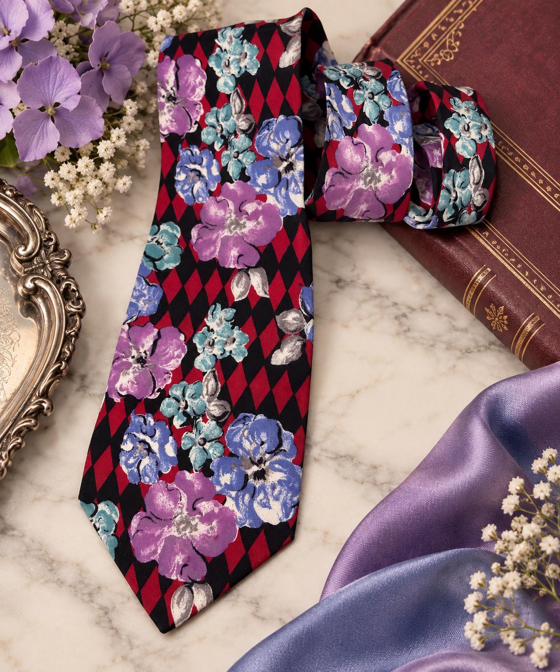 Vintage Charleston Tie Rack 100% Silk Tie, Made in Italy, Harlequin Floral Necktie, Red Black Purple Designer Tie