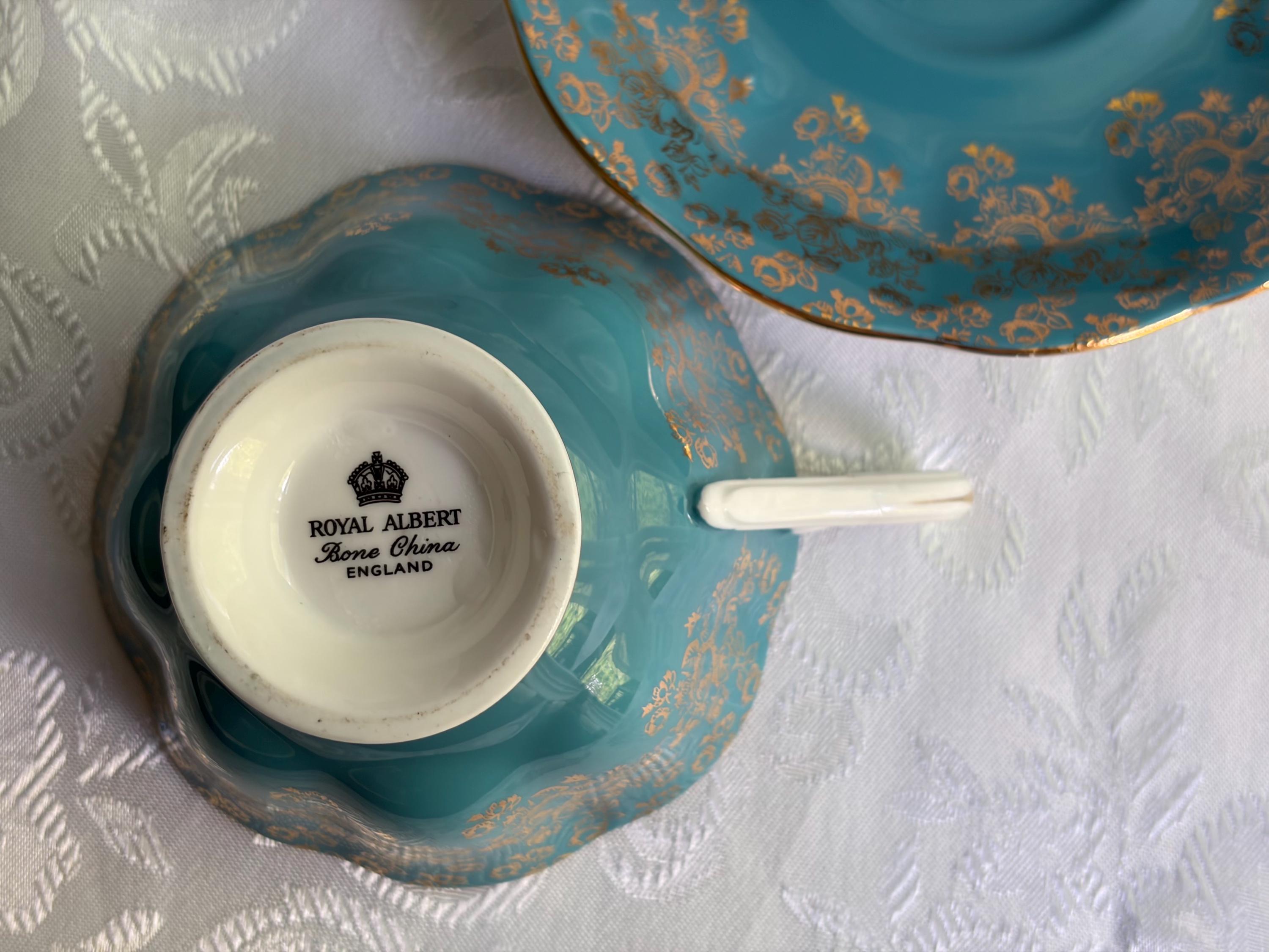 Royal Albert Turquoise Gold Bone China Teacup Saucer – Rose Floral England