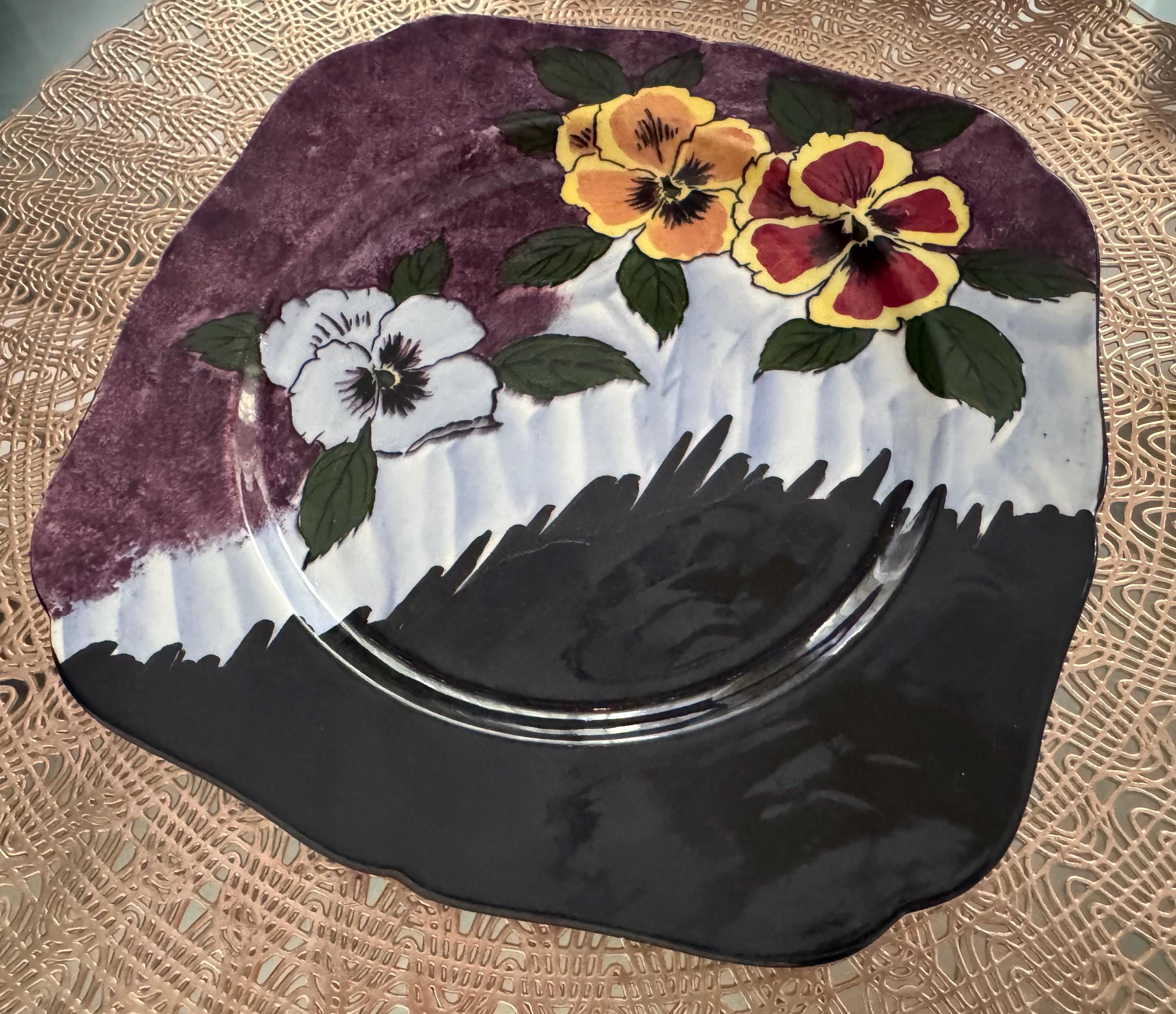 Vintage “Panola” Plate by HK Tunstall – 1930s–40s England – 8” – Maroon Floral Art Deco