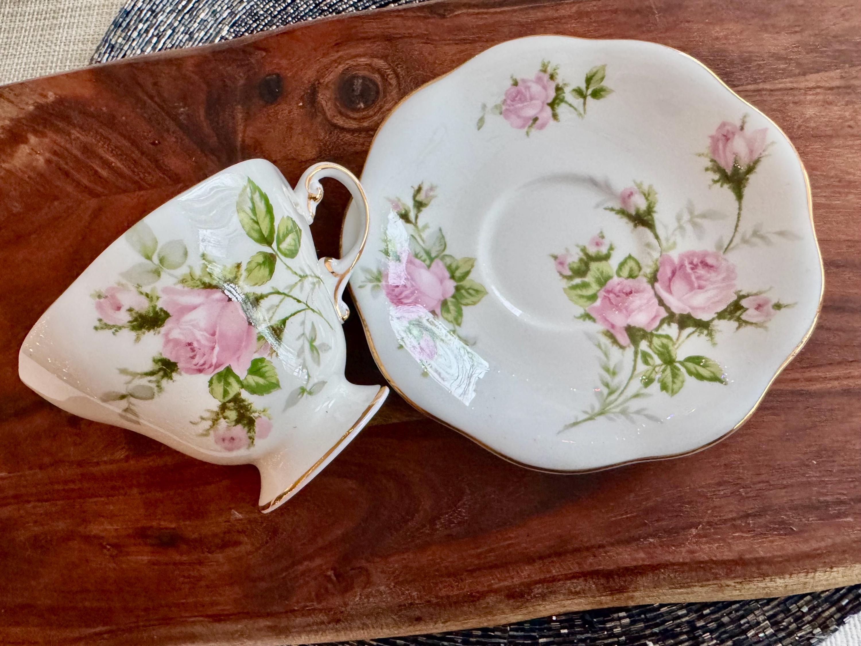 Foley China Bone Cup & Saucer - Pastel Yellow with Pink Roses