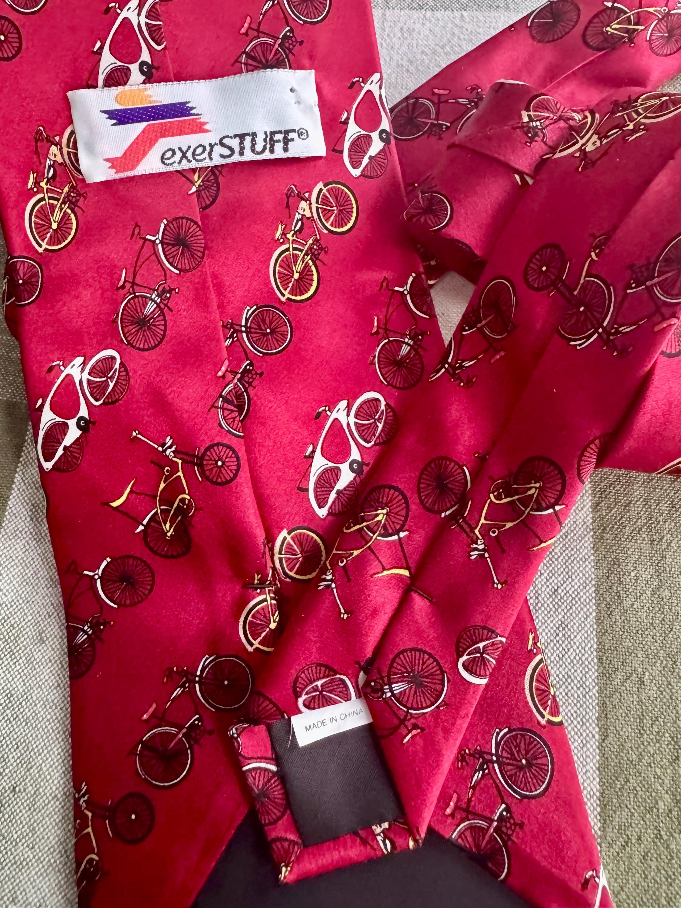 Vintage exerSTUFF 100% Silk Bicycle Necktie | Red Novelty Bike Print Tie | Cycling Enthusiast Gift