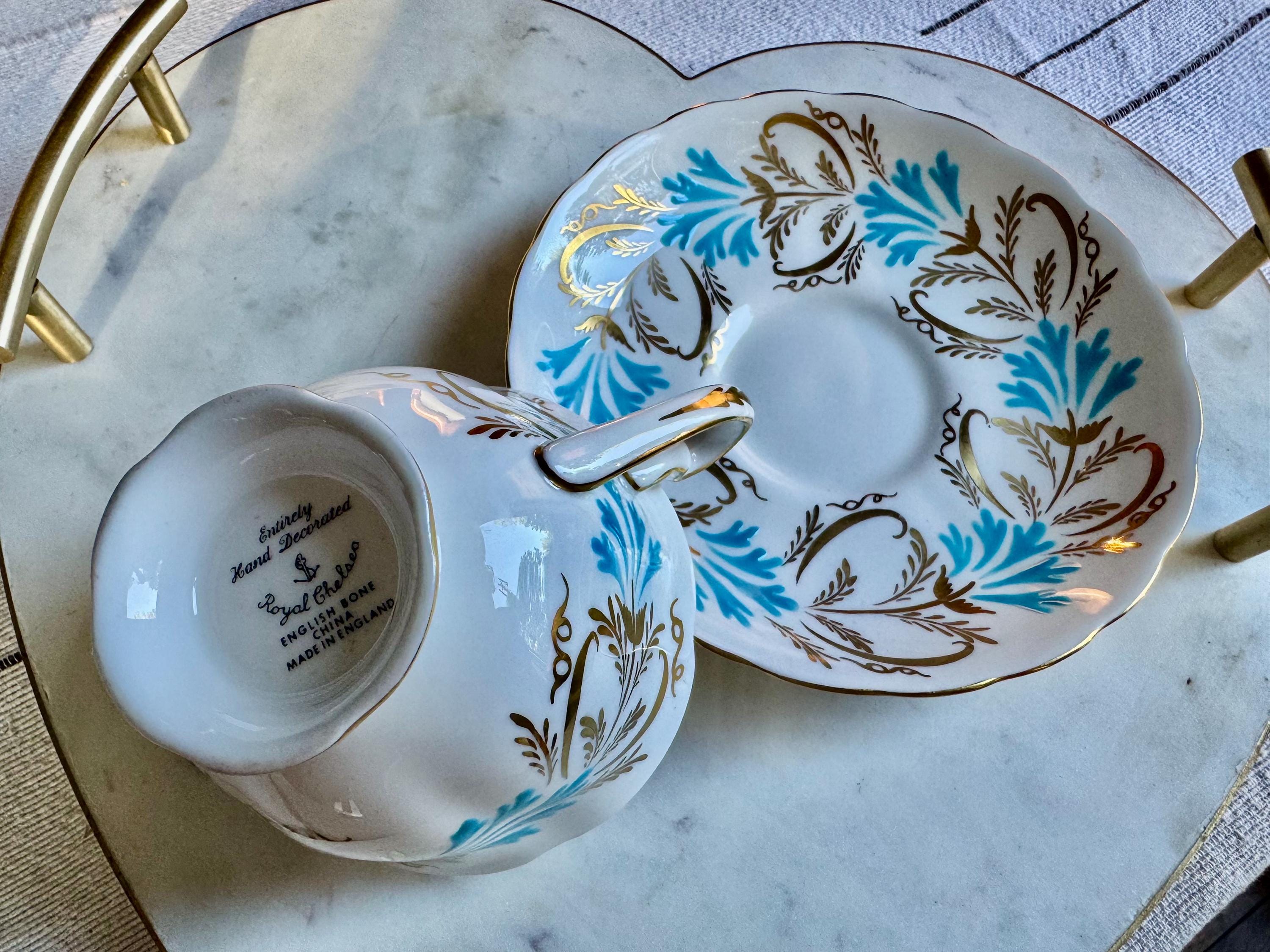 Vintage Royal Chelsea Bone China Teacup & Saucer – Pattern 4983A, Hand Decorated Turquoise Gold