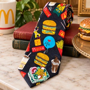 Pu&ograve; includere: Una cravatta nera con un motivo ripetuto di prodotti alimentari McDonald's, inclusi hamburger, patatine fritte, gelato e insalate, insieme a etichette rettangolari rosse con la scritta Pizza e palloncini blu con un cuore rosso.