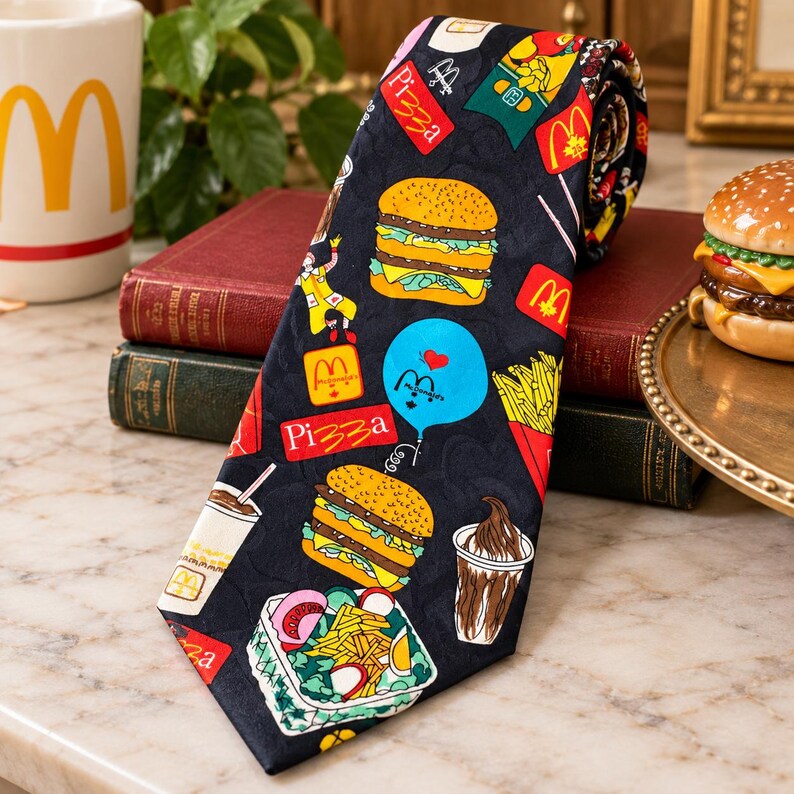 Pu&ograve; includere: Una cravatta nera con un motivo ripetuto di prodotti alimentari McDonald's, inclusi hamburger, patatine fritte, gelato e insalate, insieme a etichette rettangolari rosse con la scritta Pizza e palloncini blu con un cuore rosso.