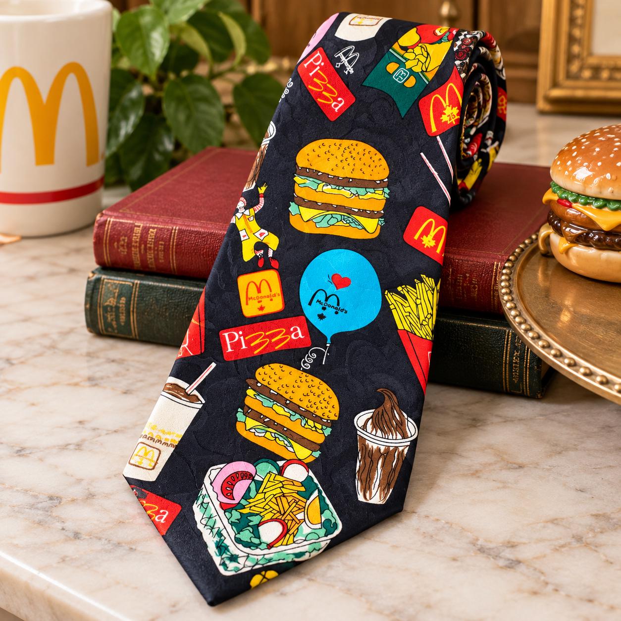 Vintage McDonald’s DION Collection Necktie – 1990s Y2K Novelty Silk Tie – Ronald McDonald Burger Fries Fast Food Graphic Tie