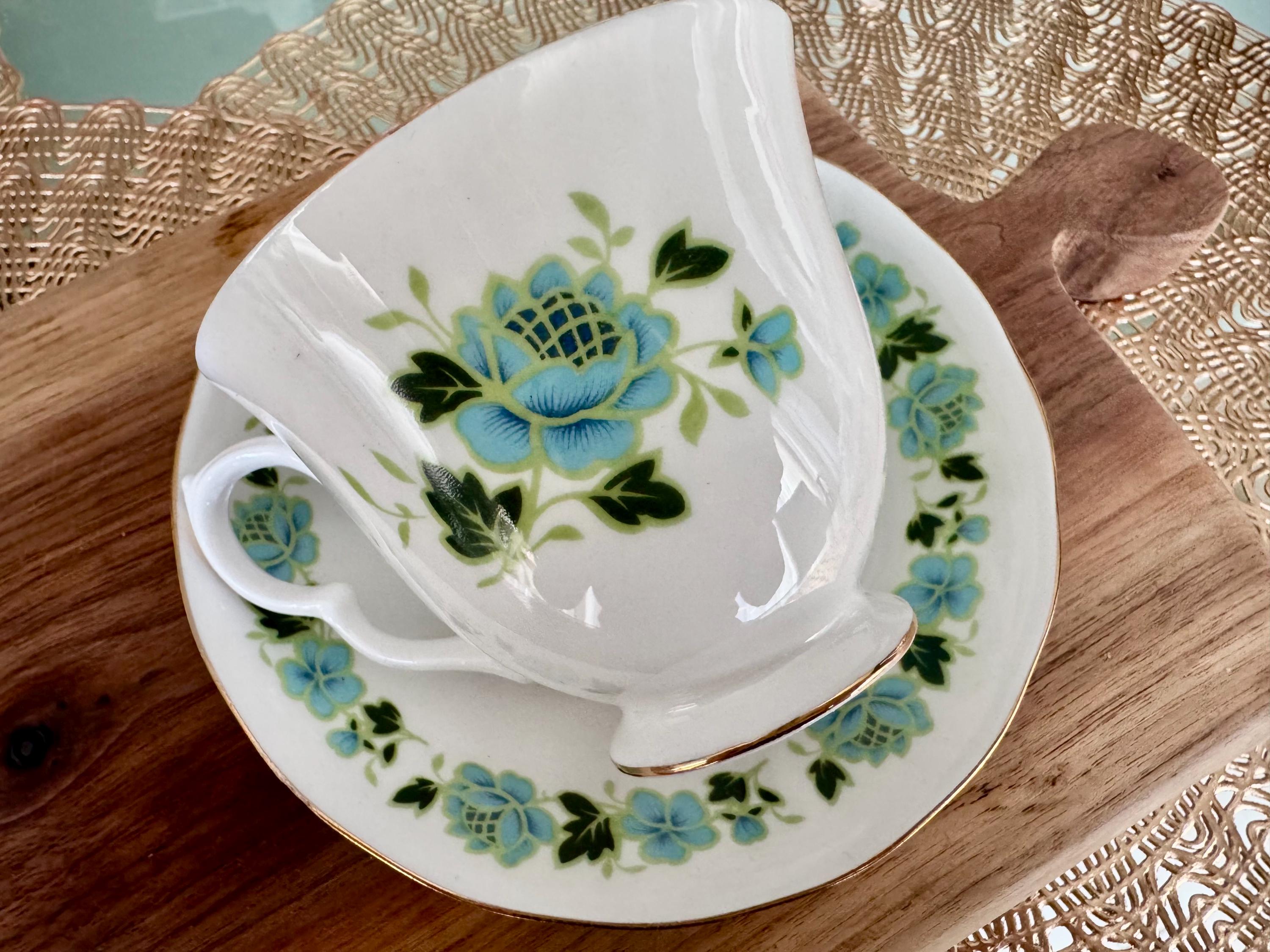 Vintage Royal Vale Bone China Teacup and Saucer: Teal Floral, Gold Trim