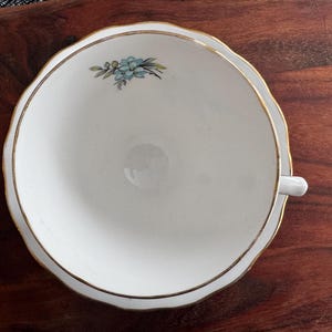 May include: A white porcelain teacup and saucer with a gold rim and a delicate blue floral design.