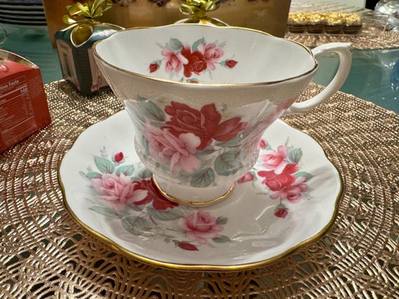 Vintage Royal Albert Corset-Shaped Tea Cup and Saucer Set - Pink and Red Roses