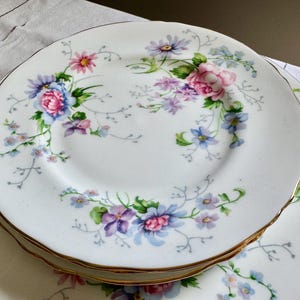May include: A set of white porcelain plates with a floral pattern. The plates have a gold rim and are adorned with pink, blue, and purple flowers and green foliage. The plates are stacked, showing a glimpse of the design.