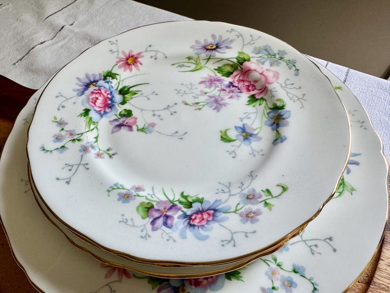 May include: A set of white porcelain plates with a floral pattern. The plates have a gold rim and are adorned with pink, blue, and purple flowers and green foliage. The plates are stacked, showing a glimpse of the design.