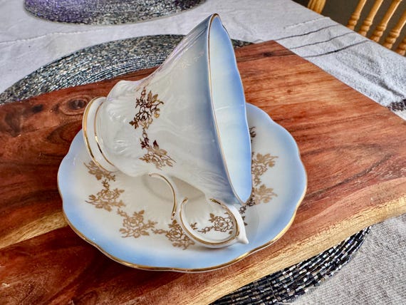 Vintage Royal Albert Corset Teacup and Saucer: Gold Floral, Blue Gradient