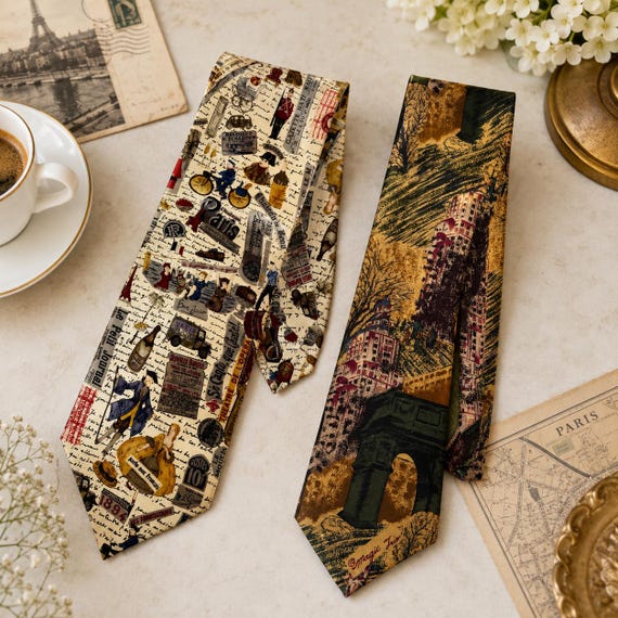 Vintage Paris Neckties – Choice of St. Stefano Italy Scenic Paris or Les Montreux Paris Collage Silk Tie