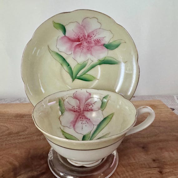Vintage Shafford Hand-Painted Japanese Teacup & Saucer – Pink Azalea Blossom on Cream Glaze