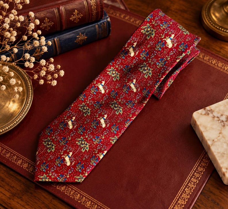 Corbata de seda con diseño de unicornio en un jardín de The Met Store – Corbata de arte del Museo de Tapices Medievales – 100% seda imagen 4