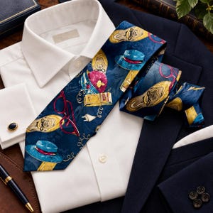 Pu&ograve; includere: Una cravatta blu scuro con un motivo ripetuto di scarpe gialle, cappelli blu con fasce rosse, occhiali rossi e piccole spine elettriche. La cravatta &egrave; appoggiata su una camicia bianca con colletto e una giacca blazer blu scuro.