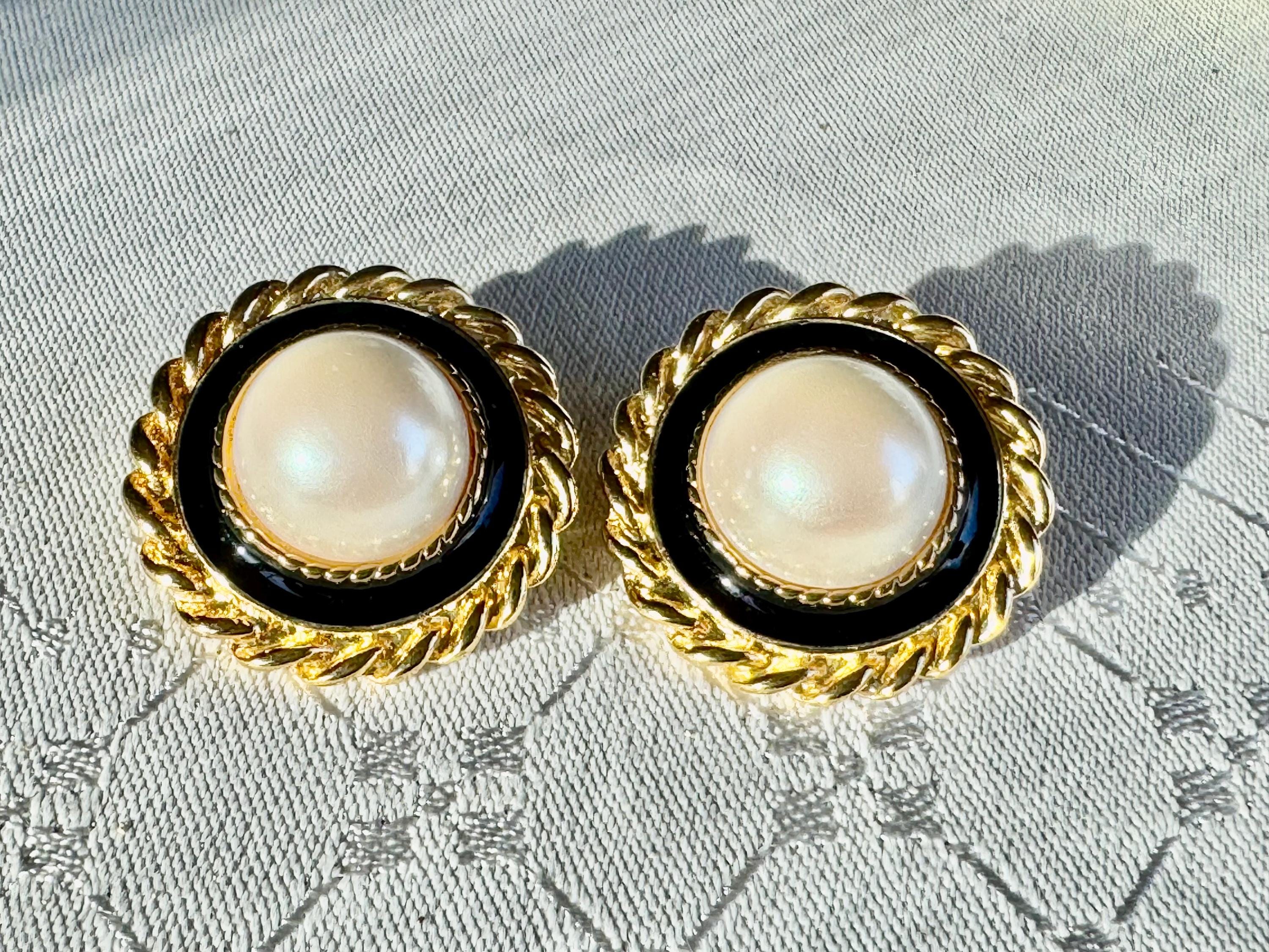 Vintage Park Lane Clip-On Earrings — Faux Pearl & Black Enamel Gold Tone Statement