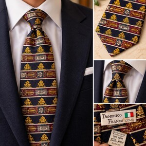 May include: A navy blue necktie featuring a repeating pattern of gold leaves, burgundy stripes, and small rectangular motifs. The tie label reads Domenico Franco Como, Made in Canada, 100% Italien, Silk-Soie, Dry clean only.