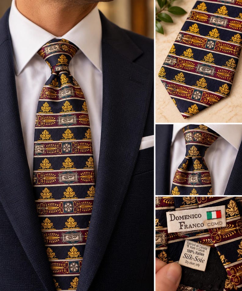 May include: A navy blue necktie featuring a repeating pattern of gold leaves, burgundy stripes, and small rectangular motifs. The tie label reads Domenico Franco Como, Made in Canada, 100% Italien, Silk-Soie, Dry clean only.