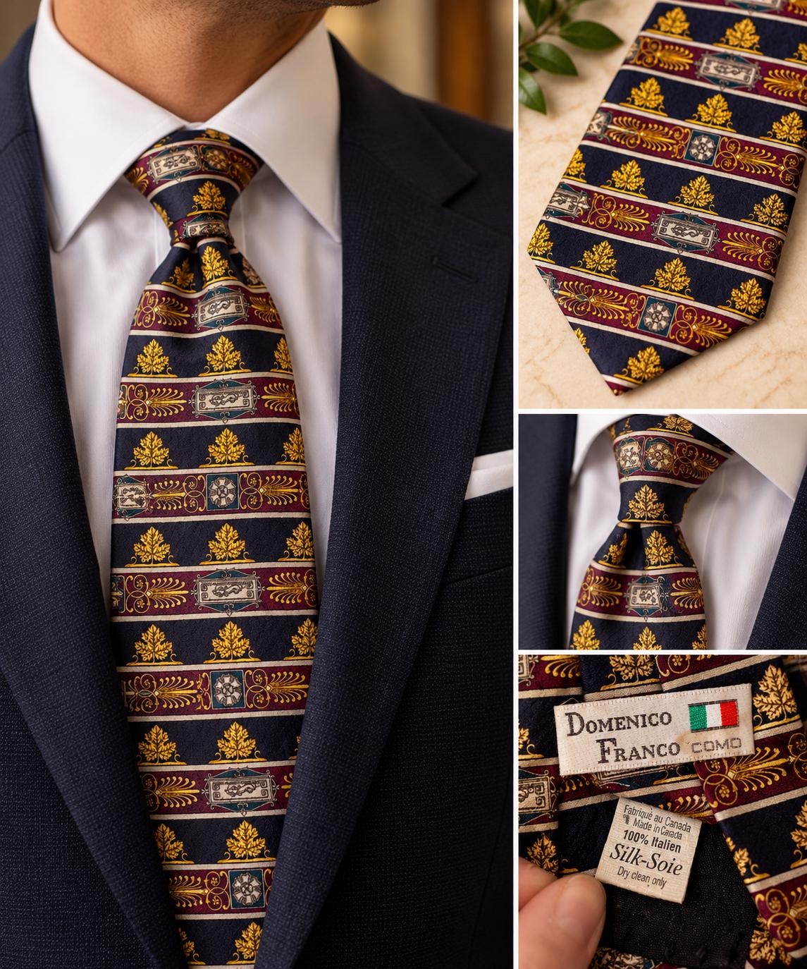 Vintage Domenico Franco Como 100% Italian Silk Tie, Made in Canada, Navy Burgundy Gold Baroque Necktie, Men’s Designer Tie