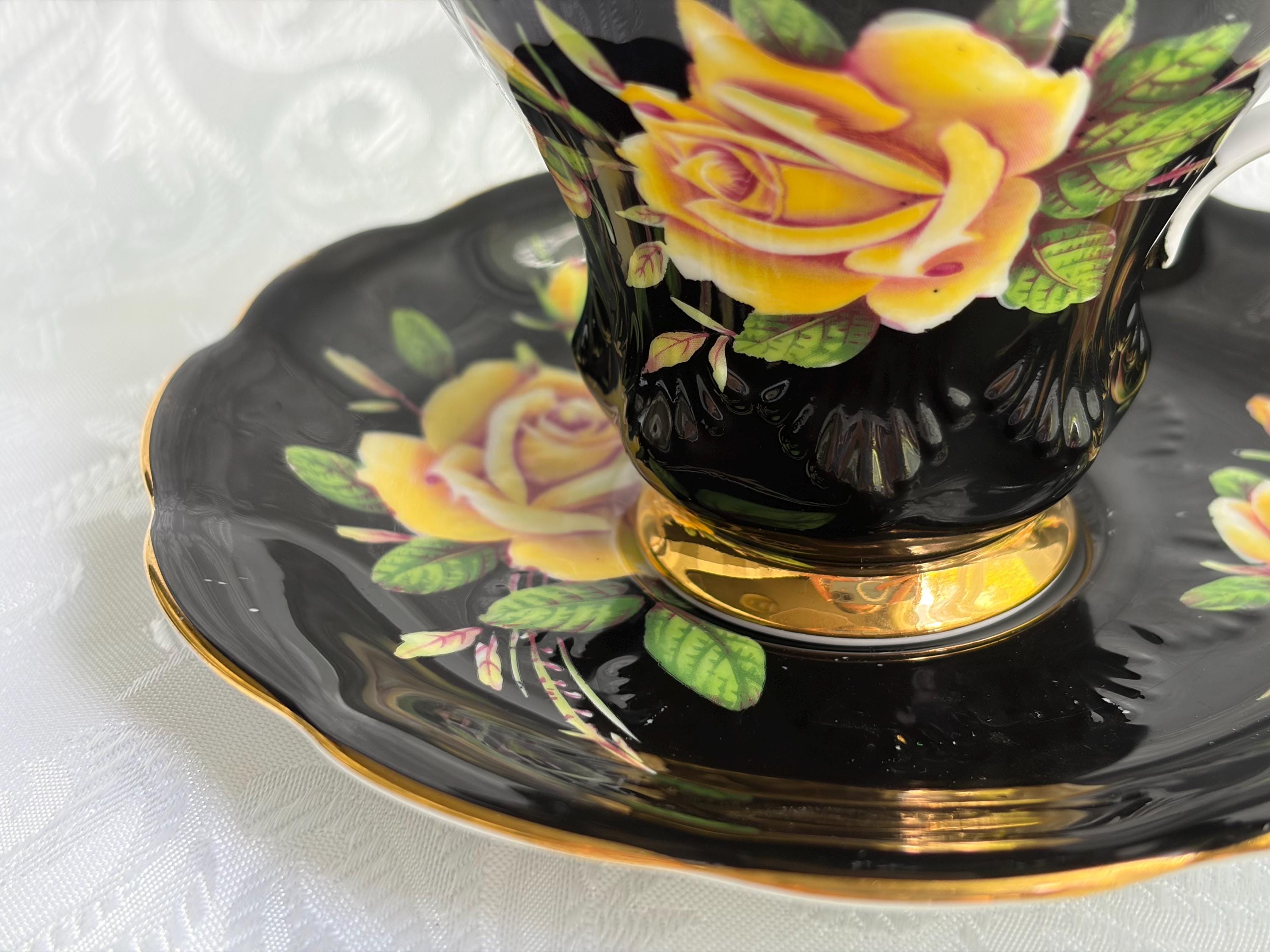 Royal Albert Rosemary Teacup Saucer | Black Yellow Roses Fine China England
