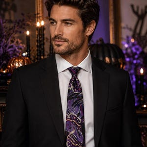 Vintage T.H. Ross 100% Silk Abstract Paisley Tie – Hand Made in Italy – Purple Black Necktie bild 3