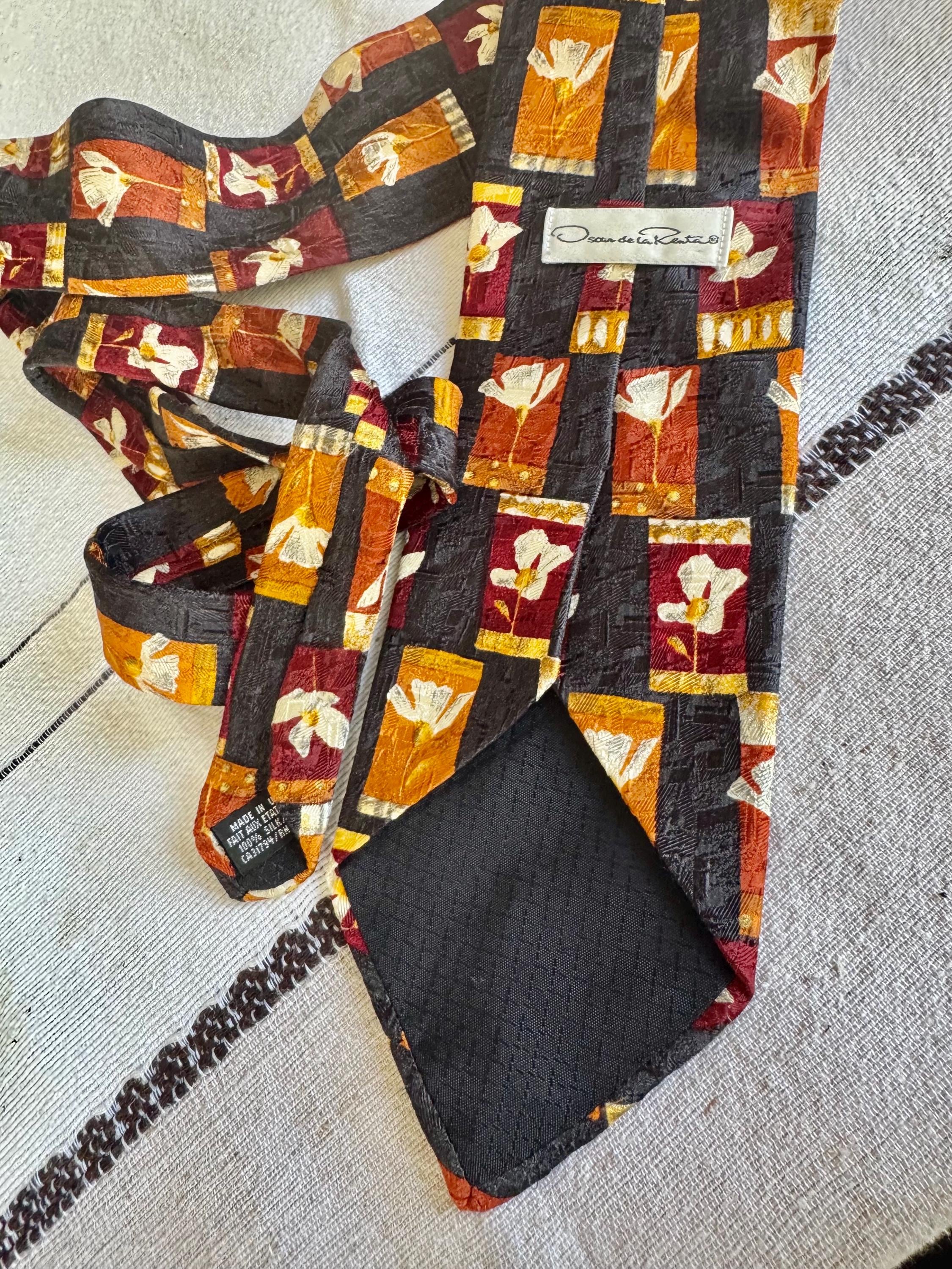 Vintage Oscar de la Renta USA Silk Tie – Floral Geometric Patchwork Designer Necktie