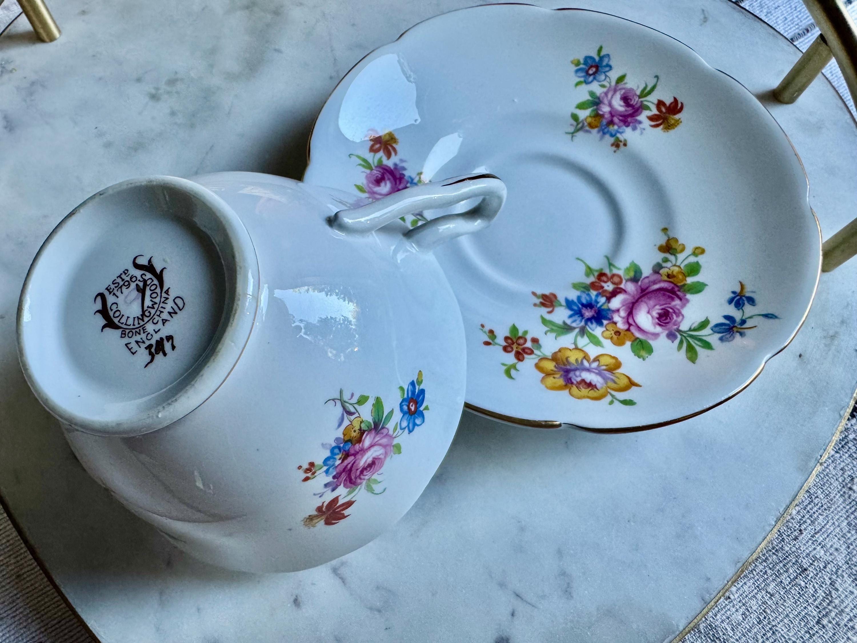 Vintage Collingwoods Bone China Teacup & Saucer – Pattern 347, Multicolor Floral Bouquet