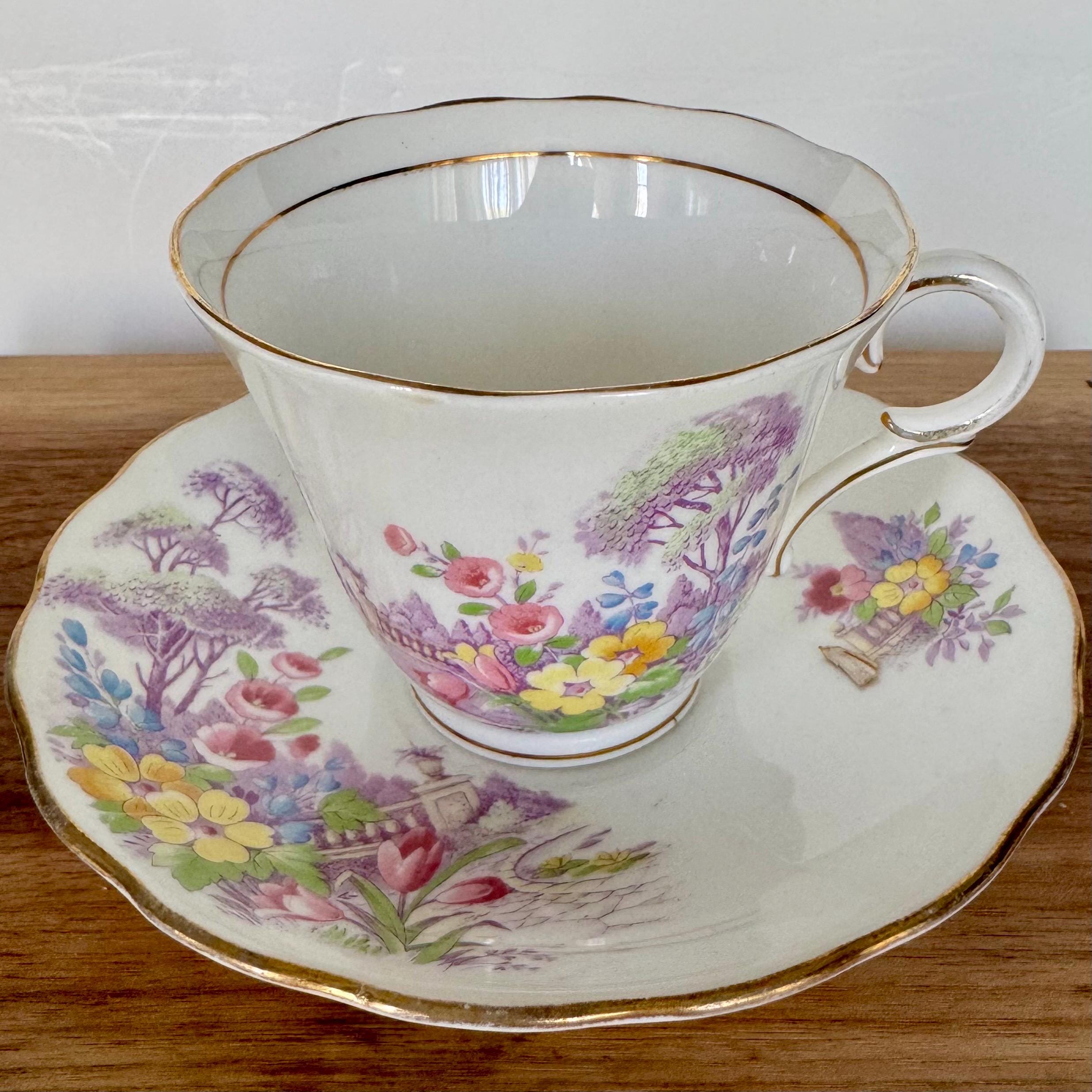 Vintage Colclough Bone China Teacup & Saucer – English Cottage Garden Scene – Made in Longton, England