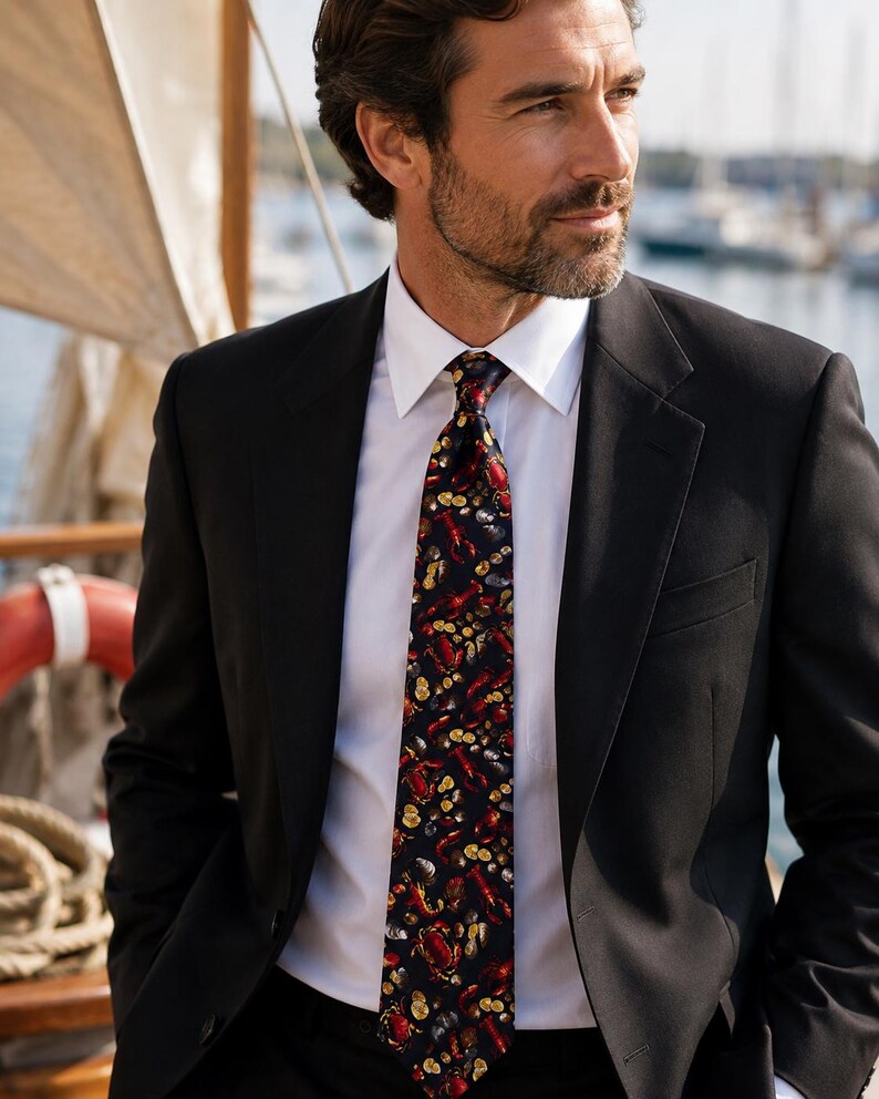 Puede incluir: Una chaqueta de traje negra sobre una camisa blanca y una corbata oscura con un patr&oacute;n repetitivo de langostas rojas, cangrejos y rodajas de lim&oacute;n amarillas. La corbata tiene un acabado liso y est&aacute; atada con un nudo est&aacute;ndar al cuello.