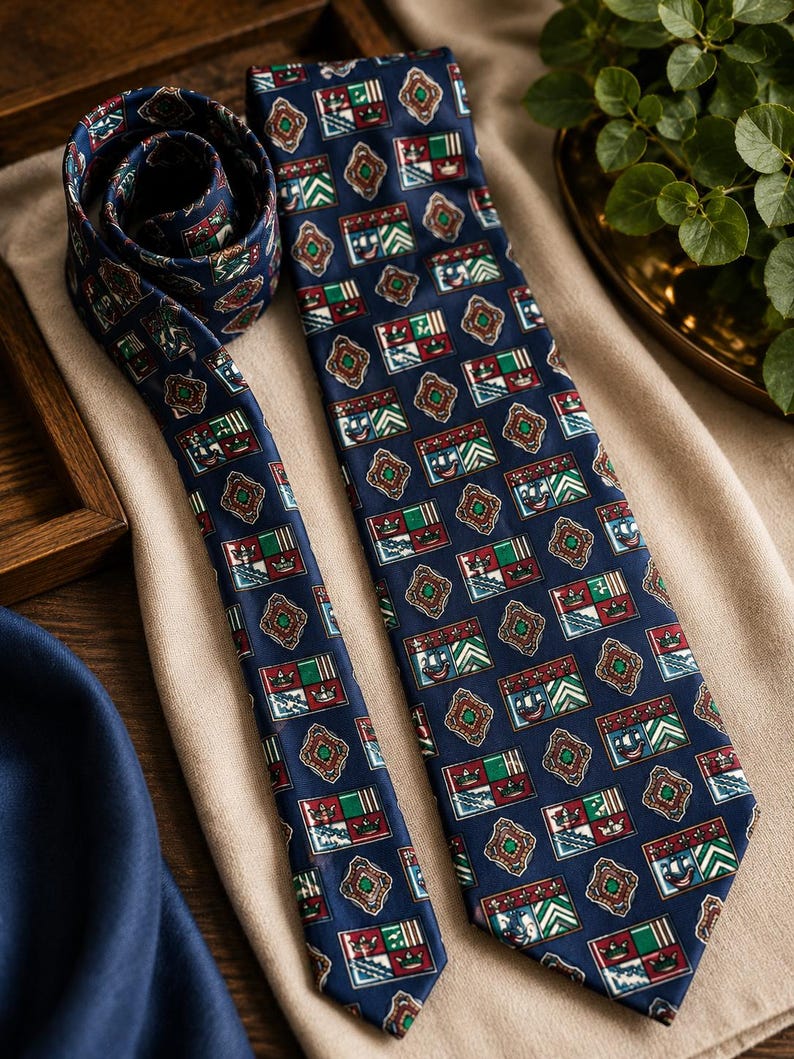Vintage Christopher Barnes 100% Silk Necktie | Made in Canada | Nautical Heraldic Crest Pattern Tie image 4