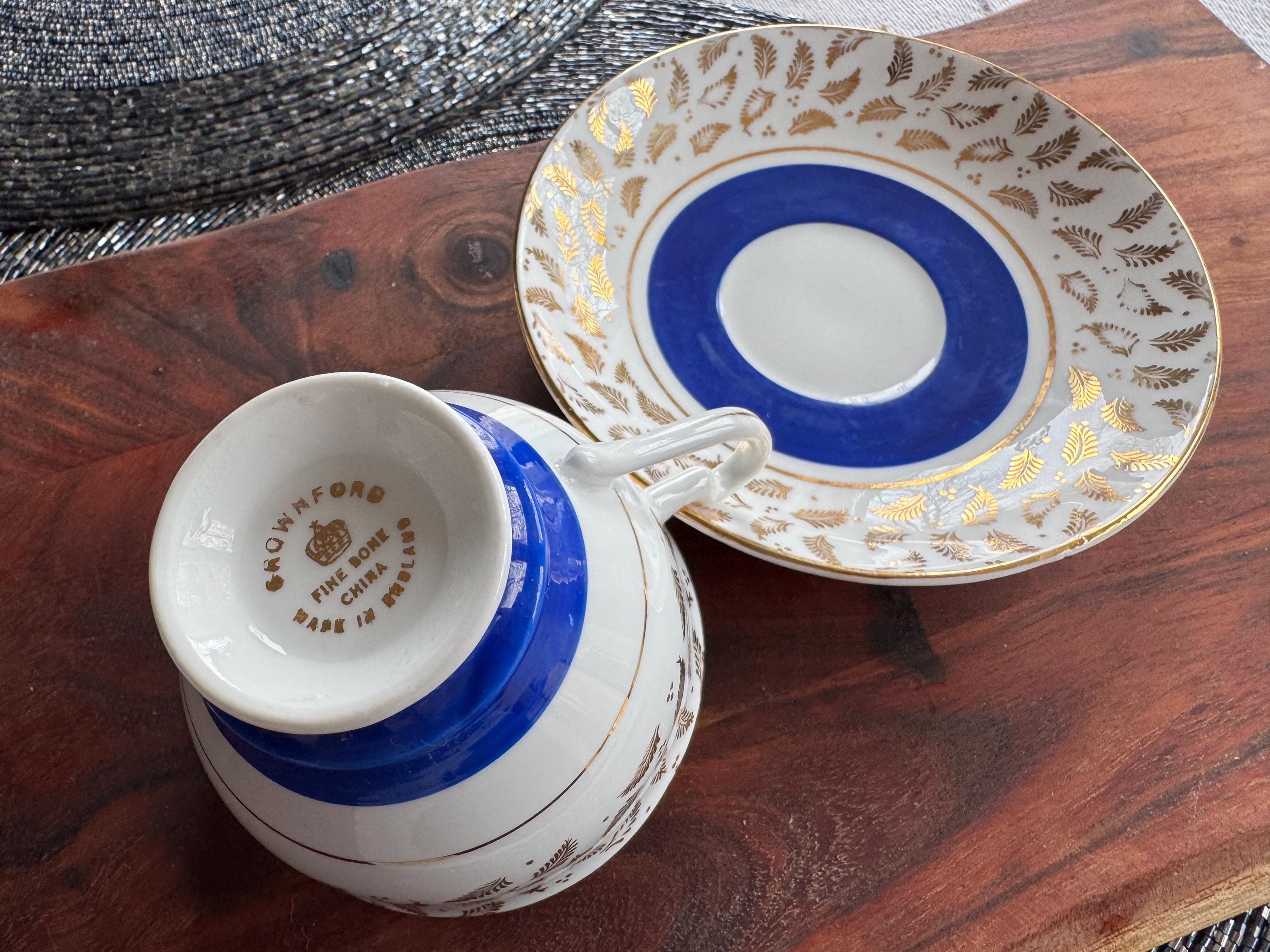 Vintage Crownford Bone China Teacup & Saucer: Cobalt Blue, Gold Laurel Leaf