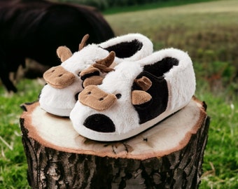 Fluffy Cow Slippers | Warm, Cozy Slides with Rubber Sole | Cute, Funny House Slippers | Home Slides for Farm | | Slippers for women