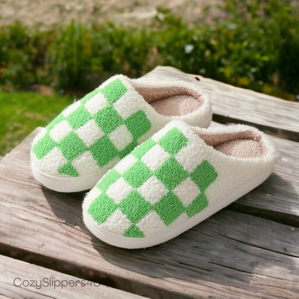 Cozy Checker Slippers | Cozy Slides with Rubber Sole | Cute, Funny House Slippers | Slippers for women in checker pattern