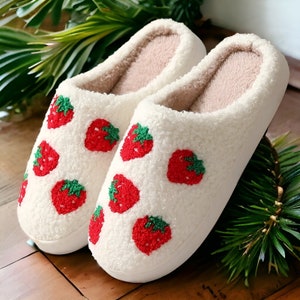 4 Different Fruit Slippers | Cozy Peach Slides with Rubber Sole | Cute, Funny House Slippers | Pineapple, Cherry, Strawberry Slippers for Women