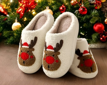 Reindeer Slippers | Christmas Elves Slides with Cozy Fur | Christmas House Slippers | Slippers for women