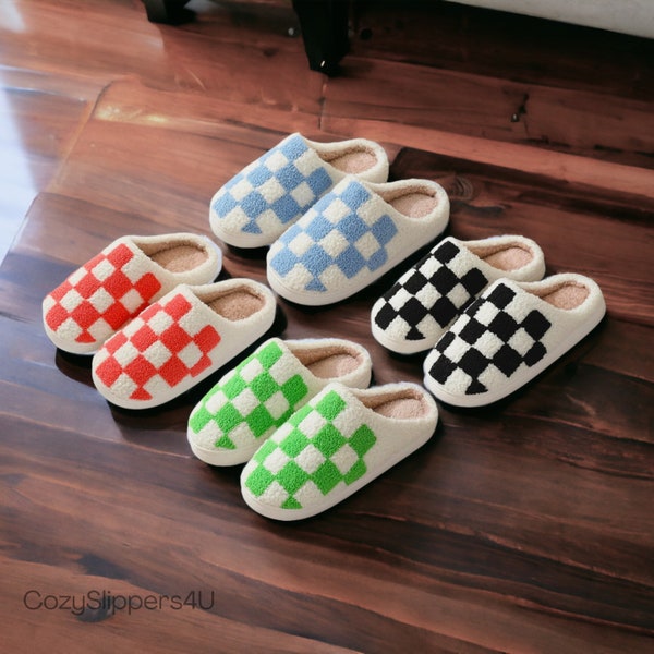 Checkers Pattern Slippers | Cozy Slides with Rubber Sole | Cute, Stylish House Slippers | Christmas Gift | Matching Outfit Christmas