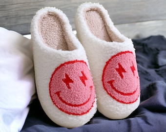 Cozy Smiley Slippers | Cute, Funny Slides with Rubber Sole | Cute, Funny House Slippers | Slippers for women