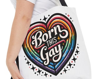 Sac fourre-tout en forme de cœur arc-en-ciel Pride - « Born This Gay », sac de transport vibrant de soutien LGBTQ+ « Born This Gay » en 3 tailles | Grand fourre-tout graphique | Sac moyen | Petit fourre-tout